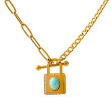 New Stainless Steel Lock Pendant Necklace Statement Golden 18 K Gold Plated stone Collar Lock Necklace